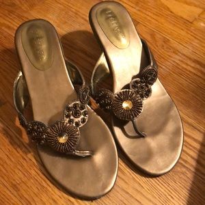 Brown, jeweled, kitten heel sandal, size 10